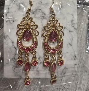Gold-Tone Pink Teardrop Chandelier Earrings - Elegant Women Jewelry